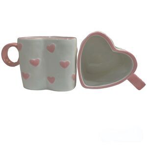 Heart Shape Pink/ White Ceramic Coffee Tea Mug, Painted by Hand 18OZ - Lot of 2